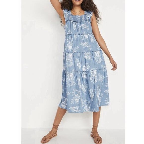 Old Navy Chambray Floral Tiered Midi Dress 4XL Smocked Beach Cruise Vacation - Picture 2 of 10